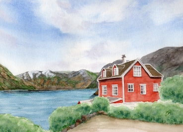 Folienmagnet Aquarell Kunst Druck Kunstdruck Norwegen Norge Norway Eisfjord Fjord Gletscher Haus am Fjord